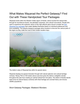 What Makes Wayanad the Perfect Getaway Find Out with These Handpicked Tour Packages