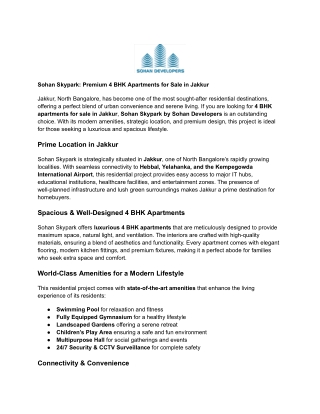 Sohan Skypark_ Premium 4 BHK Apartments for Sale in Jakkur