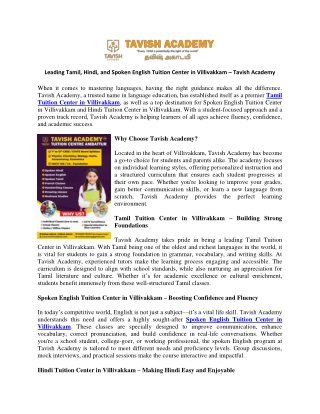 Leading Tamil, Hindi, and Spoken English Tuition Center in Villivakkam – Tavish Academy