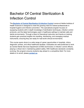 Bachelor Of Central Sterilization & Infection Control