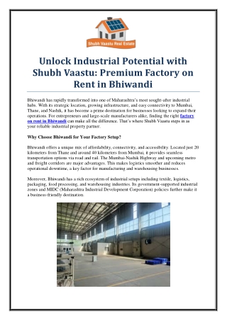 Find the Best Factory on Rent in Bhiwandi with Shubhvaastu