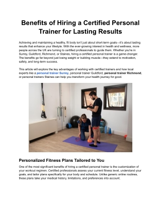 Benefits of Hiring a Certified Personal Trainer for Lasting Results