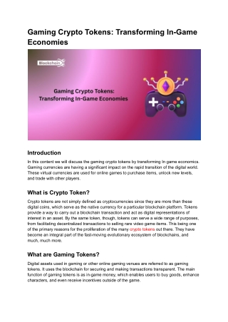 Gaming Crypto Tokens Transforming In-Game Economies