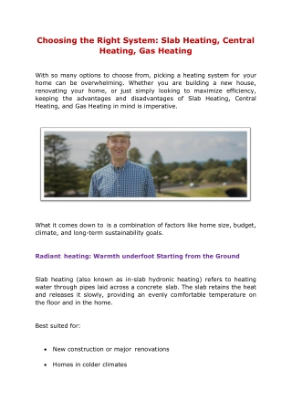 Choosing the Right System: Slab Heating, Central Heating, Gas Heating