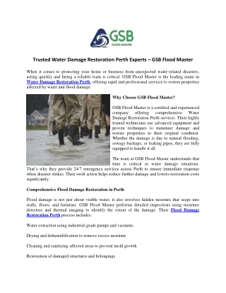 Trusted Water Damage Restoration Perth Experts – GSB Flood Master