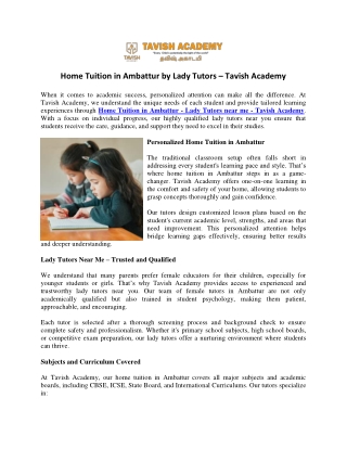 Home Tuition in Ambattur by Lady Tutors – Tavish Academy