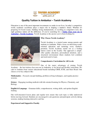 Quality Tuition in Ambattur – Tavish Academy