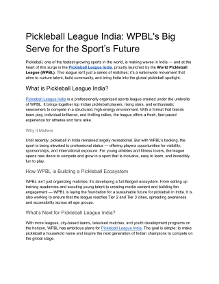 Pickleball League India- WPBL's Big Serve for the Sport’s Future