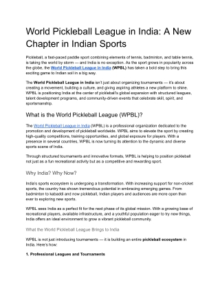World Pickleball League in India- A New Chapter in Indian Sports