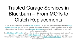 Trusted Garage Services in Blackburn – From MOTs to Clutch Replacements
