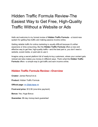 Hidden Traffic Formula Review-The Easiest Way to Get Free, High-Quality Traffic