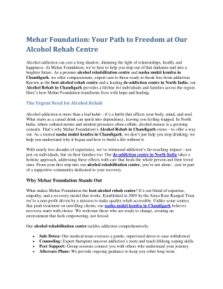 Mehar Foundation Your Path to Freedom at Our Alcohol Rehab Centre