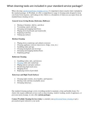 What cleaning tasks are included in your standard service package