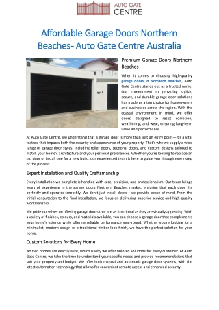 Affordable Garage Doors Northern Beaches - Auto Gate Centre Australia
