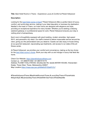 Best Hotel Rooms in Thane – Experience Luxury & Comfort at Planet Hollywood