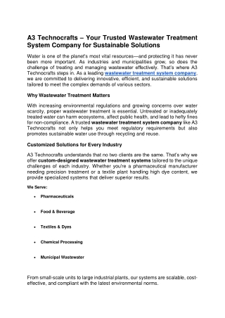 Trusted Wastewater Treatment System Company – A3 Technocrafts