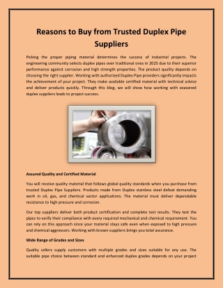Reasons to Buy from Trusted Duplex Pipe Suppliers