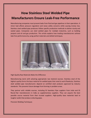 How Stainless Steel Welded Pipe Manufacturers Ensure Leak-Free Performance