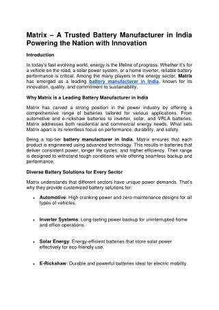 Matrix Battery – Powering India’s Future with Innovation and Reliability