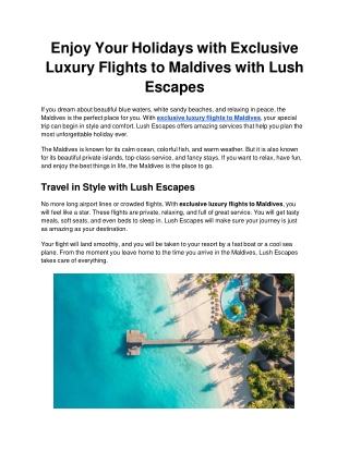 Enjoy Your Holidays with Exclusive Luxury Flights to Maldives with Lush Escapes