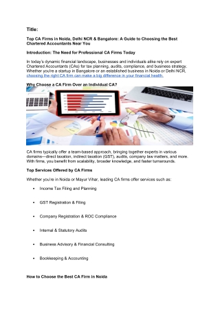 Top CA Firms in Noida Delhi NCR & Bangalore A Guide to Choosing the Best Chartered Accountants Near You
