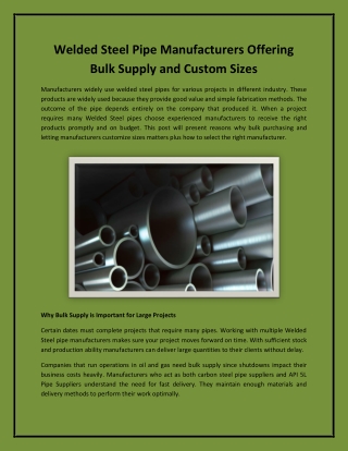 Welded Steel Pipe Manufacturers Offering Bulk Supply and Custom Sizes