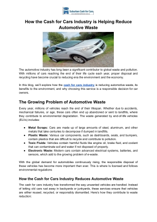 Cash for Cars Industry is Reduce Automotive Waste