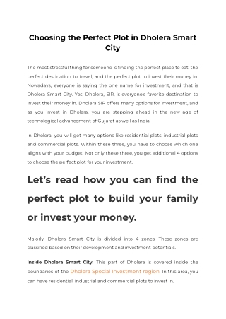 Choosing the Perfect Plot in Dholera Smart City