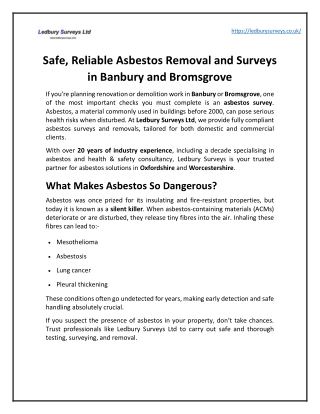 Safe, Reliable Asbestos Removal and Surveys in Banbury and Bromsgrove