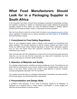 What Food Manufacturers Should Look for in a Packaging Supplier in South Africa