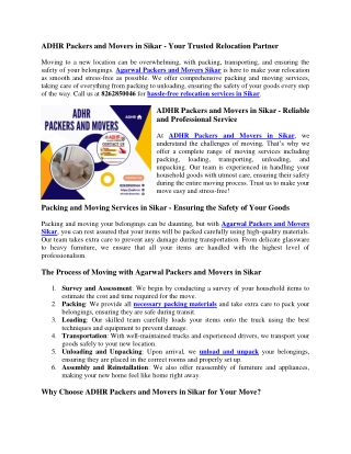 Packers and Movers in Sikar, 8262850044.