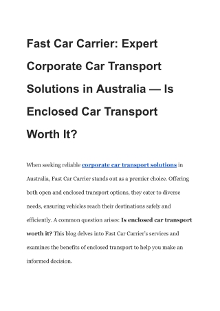 Fast Car Carrier: Trusted Corporate Car Transport Solutions Across Australia