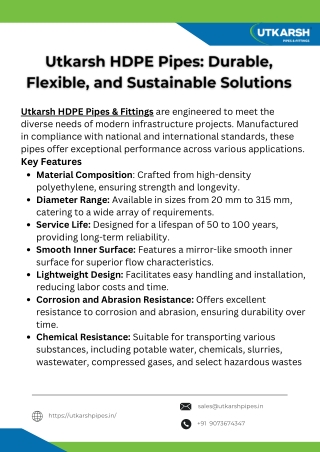 Utkarsh HDPE Pipes Durable, Flexible, and Sustainable Solutions