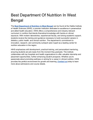 Best Department Of Nutrition In West Bengal