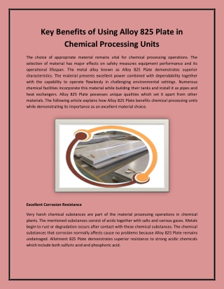 Key Benefits of Using Alloy 825 Plate in Chemical Processing Units