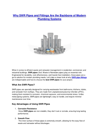 Why SWR Pipes and Fittings Are the Backbone of Modern Plumbing Systems