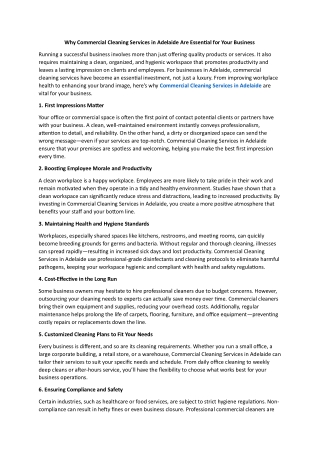 Why Commercial Cleaning Services in Adelaide Are Essential for Your Business