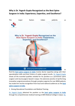 Why is Dr. Yogesh Gupta Recognized as the Best Spine Surgeon in India Experience, Expertise, and Excellence