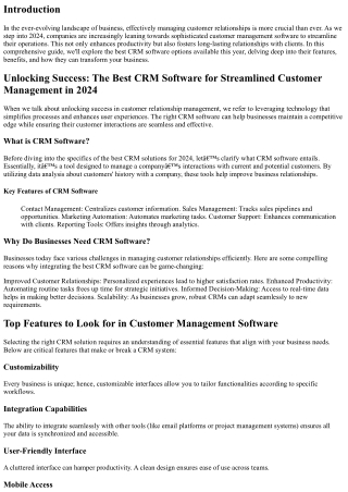 Unlocking Success: The Best CRM Software for Streamlined Customer Management in