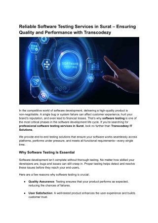 Reliable Software Testing Services in Surat – Ensuring Quality and Performance with Transcodezy