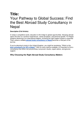 Your Pathway to Global Success Find the Best Abroad Study Consultancy in Nepal
