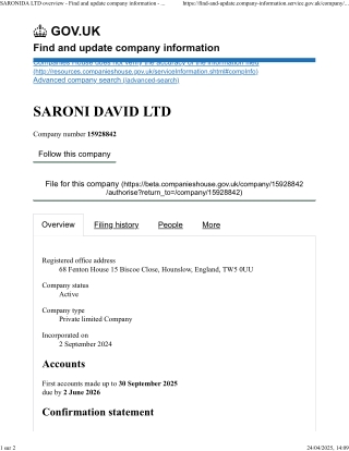 1 - SARONI DAVID LTD overview - Find and update company information - GOV.UK