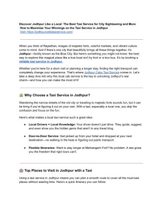 Discover Jodhpur Like a Local: The Best Taxi Service for City Sightseeing and Mo