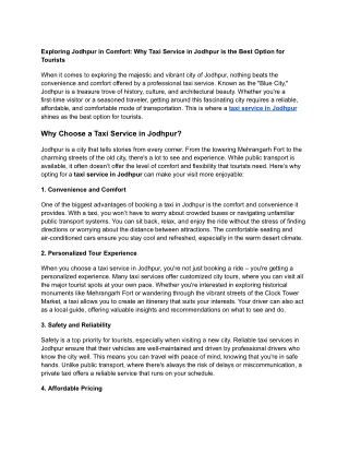 Exploring Jodhpur in Comfort: Why Taxi Service in Jodhpur is the Best Option for