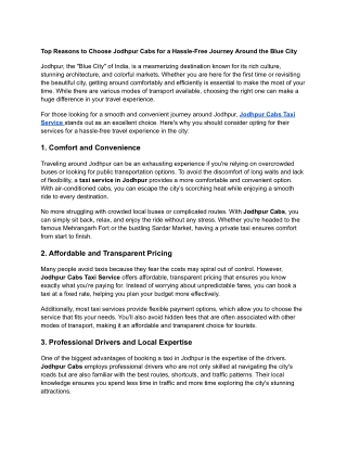 Top Reasons to Choose Jodhpur Cabs for a Hassle-Free Journey Around the Blue Cit