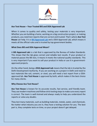 Ace Test House – Your Trusted BIS and DDA Approved Lab