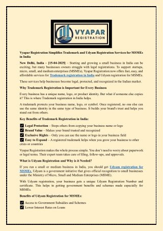 Vyapar Registration Simplifies Trademark and Udyam Registration Services for MSMEs in India