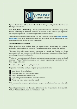 Vyapar Registration Offers Fast and Affordable Company Registration Services for Startups Across India