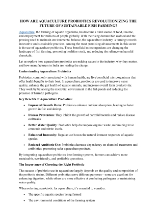 HOW ARE AQUACULTURE PROBIOTICS REVOLUTIONIZING THE FUTURE OF SUSTAINABLE FISH FARMING