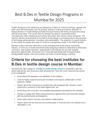Best B Des in Textile Design Programs in Mumbai for 2025
